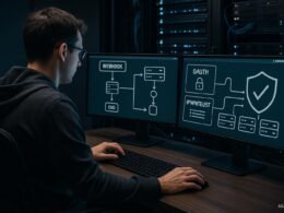 Ein Entwickler konfiguriert eine moderne Serverumgebung auf einem Dual-Monitor-Setup mit Diagrammen zu Webhooks, Sicherheitsvorkehrungen und einer sichtbaren Server-Infrastruktur im Hintergrund.