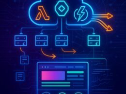 Moderne Cloud-Infrastruktur mit AWS Lambda, Google Cloud Functions, Azure Functions, Edge-Servern, Glasfaser- und CDN-Strukturen, sowie einer Webseite mit hoher Performance und technischen Diagrammen