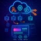 Moderne Cloud-Infrastruktur mit AWS Lambda, Google Cloud Functions, Azure Functions, Edge-Servern, Glasfaser- und CDN-Strukturen, sowie einer Webseite mit hoher Performance und technischen Diagrammen