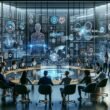 Modernes High-Tech-Büro mit holografischen Datenanzeigen und einer vielfältigen Teamzusammenarbeit im Bereich KI-Marketing