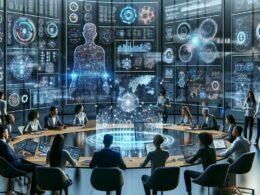 Modernes High-Tech-Büro mit holografischen Datenanzeigen und einer vielfältigen Teamzusammenarbeit im Bereich KI-Marketing
