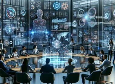Modernes High-Tech-Büro mit holografischen Datenanzeigen und einer vielfältigen Teamzusammenarbeit im Bereich KI-Marketing