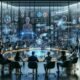 Modernes High-Tech-Büro mit holografischen Datenanzeigen und einer vielfältigen Teamzusammenarbeit im Bereich KI-Marketing