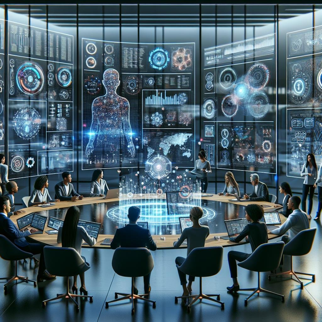 Modernes High-Tech-Büro mit holografischen Datenanzeigen und einer vielfältigen Teamzusammenarbeit im Bereich KI-Marketing