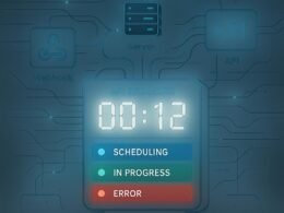 Stilisiertes Kontrollzentrum für API-Workflows mit digitalem Timer, Statusanzeigen und schwebenden Datenströmen, symbolischen Icons für Webhooks, Server und APIs, präsentiert von 404 Magazine (Tobias Hager).