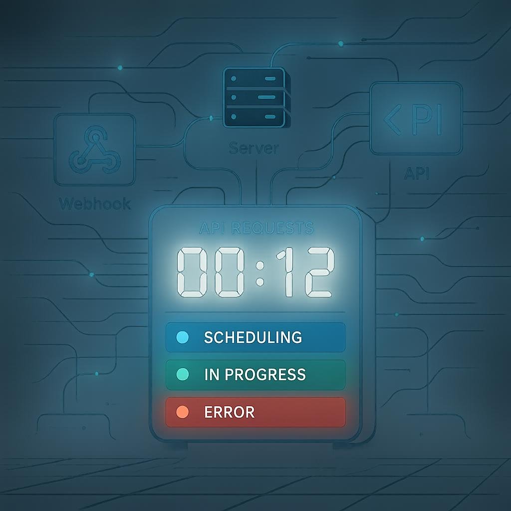 Stilisiertes Kontrollzentrum für API-Workflows mit digitalem Timer, Statusanzeigen und schwebenden Datenströmen, symbolischen Icons für Webhooks, Server und APIs, präsentiert von 404 Magazine (Tobias Hager).