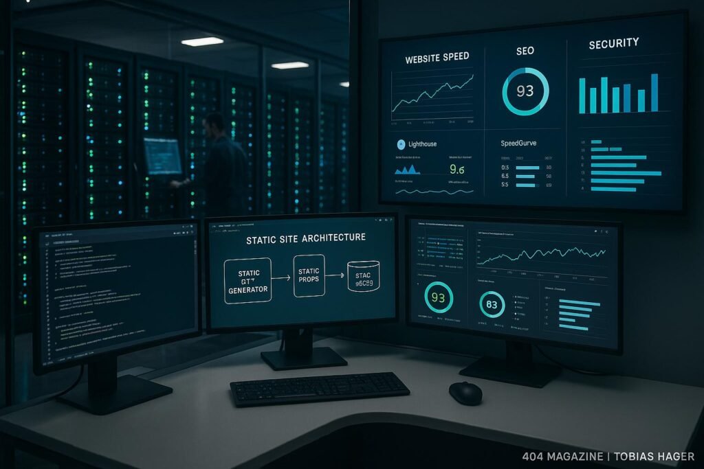 Ein moderner Serverraum mit Entwicklerarbeitsplatz und digitaler Anzeigetafel, die Website-Performance-Metriken zeigt, Credit: 404 Magazine (Tobias Hager)
