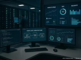 Ein moderner Serverraum mit Entwicklerarbeitsplatz und digitaler Anzeigetafel, die Website-Performance-Metriken zeigt, Credit: 404 Magazine (Tobias Hager)