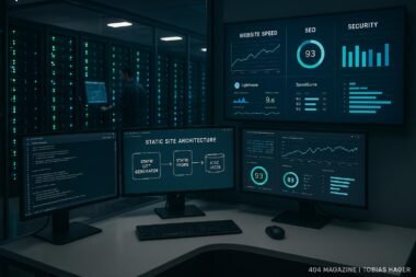 Ein moderner Serverraum mit Entwicklerarbeitsplatz und digitaler Anzeigetafel, die Website-Performance-Metriken zeigt, Credit: 404 Magazine (Tobias Hager)