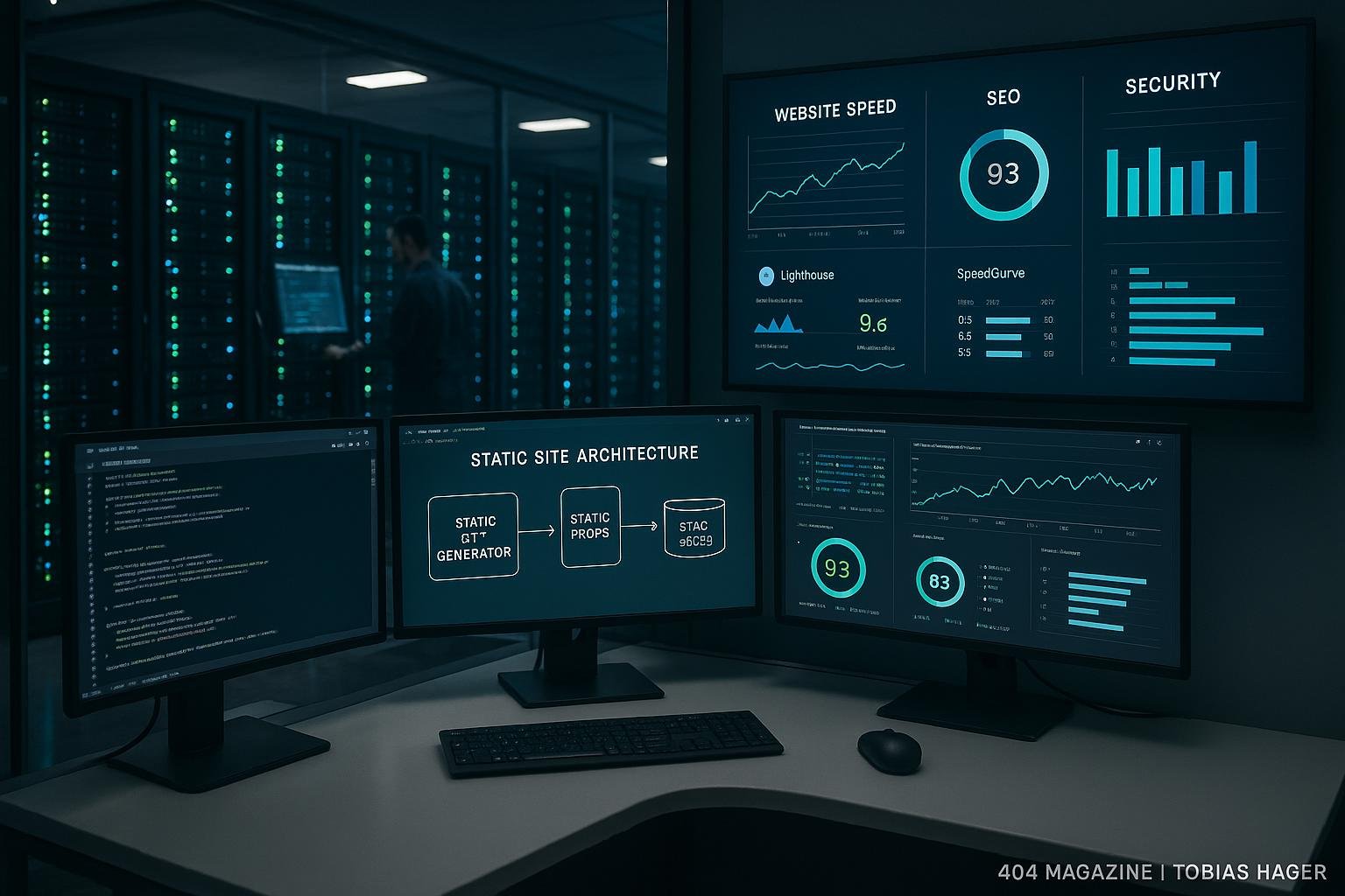 Ein moderner Serverraum mit Entwicklerarbeitsplatz und digitaler Anzeigetafel, die Website-Performance-Metriken zeigt, Credit: 404 Magazine (Tobias Hager)