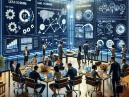 Modernes Büro mit digitalem Marketing-Dashboard, Team-Meeting mit Laptops und Tablets