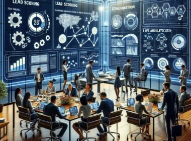 Modernes Büro mit digitalem Marketing-Dashboard, Team-Meeting mit Laptops und Tablets
