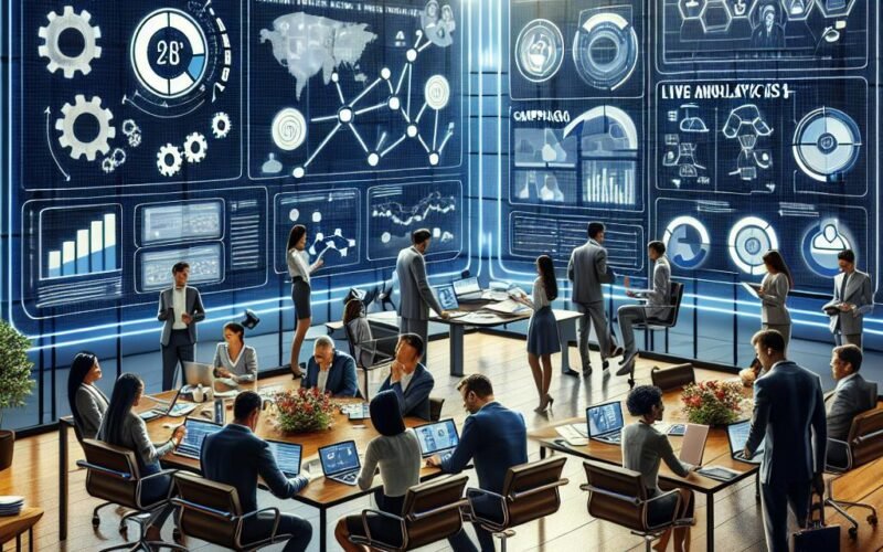 Modernes Büro mit digitalem Marketing-Dashboard, Team-Meeting mit Laptops und Tablets