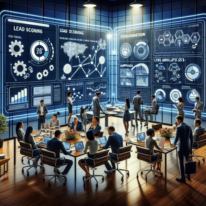 Modernes Büro mit digitalem Marketing-Dashboard, Team-Meeting mit Laptops und Tablets