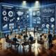 Modernes Büro mit digitalem Marketing-Dashboard, Team-Meeting mit Laptops und Tablets