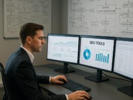 Person in Business-Kleidung vor mehreren Computerbildschirmen mit Diagrammen, Webseiten-Analysen und SEO-Tools, im Hintergrund Whiteboards mit Skizzen. Credit: 404 Magazine (Tobias Hager).