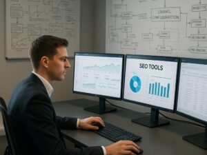 Person in Business-Kleidung vor mehreren Computerbildschirmen mit Diagrammen, Webseiten-Analysen und SEO-Tools, im Hintergrund Whiteboards mit Skizzen. Credit: 404 Magazine (Tobias Hager).