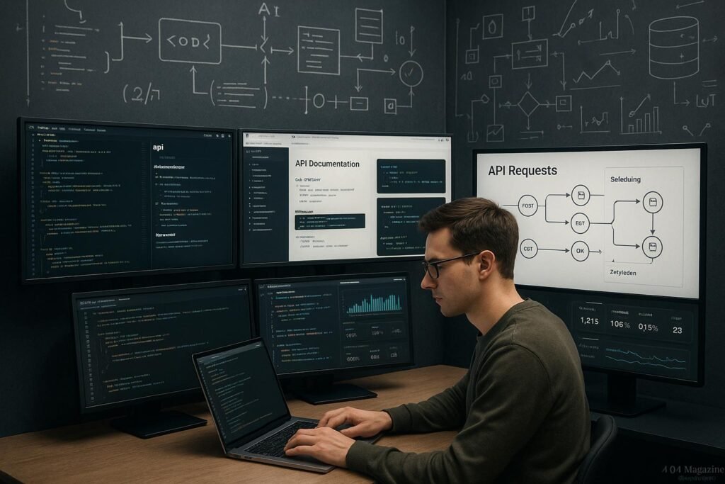 Moderner Arbeitsplatz mit mehreren Monitoren, Code, API-Dokumentationen und Monitoring-Dashboards, im Vordergrund eine Person, technische Skizzen im Hintergrund, professionelles Umfeld