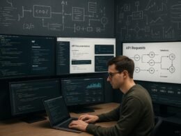 Moderner Arbeitsplatz mit mehreren Monitoren, Code, API-Dokumentationen und Monitoring-Dashboards, im Vordergrund eine Person, technische Skizzen im Hintergrund, professionelles Umfeld