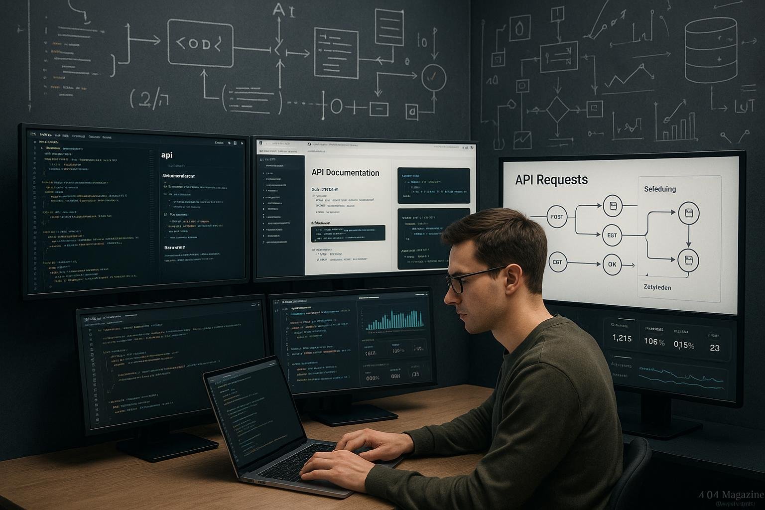 Moderner Arbeitsplatz mit mehreren Monitoren, Code, API-Dokumentationen und Monitoring-Dashboards, im Vordergrund eine Person, technische Skizzen im Hintergrund, professionelles Umfeld