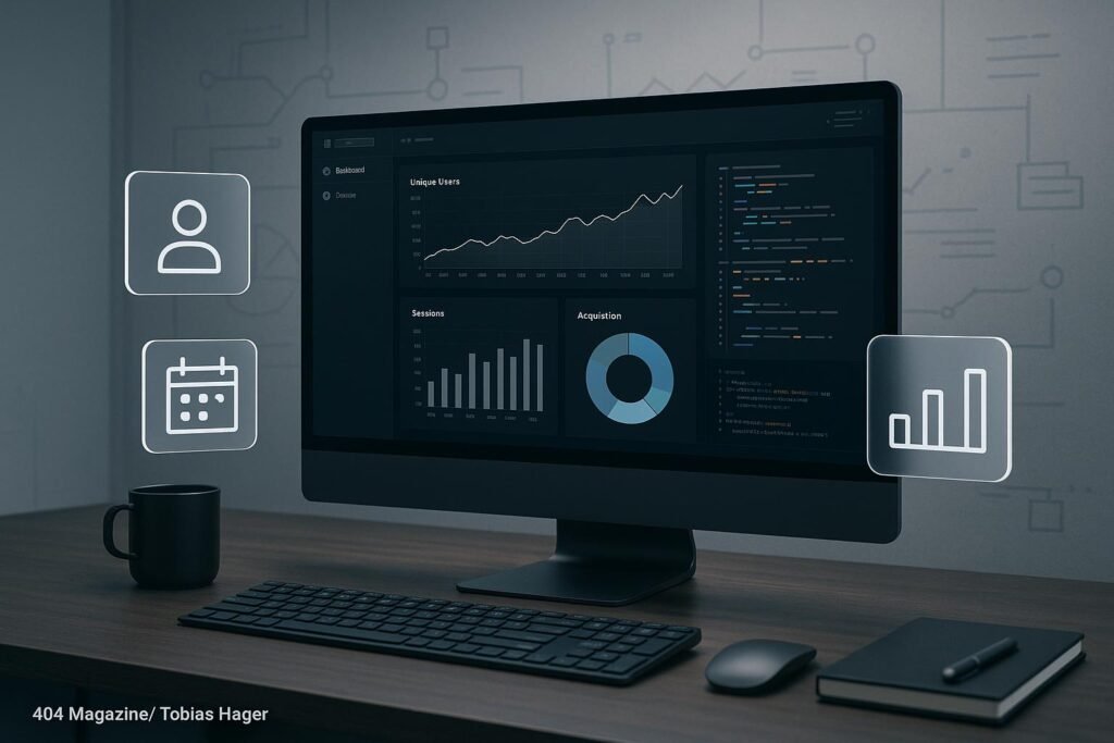 Hochdetaillierter digitaler Arbeitsplatz mit Computer, Datenvisualisierungen und transparenten Daten-Icons, im minimalistischen Bürohintergrund