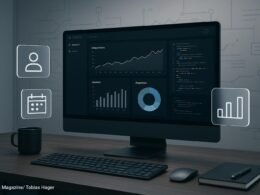 Hochdetaillierter digitaler Arbeitsplatz mit Computer, Datenvisualisierungen und transparenten Daten-Icons, im minimalistischen Bürohintergrund