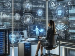 Futuristisches Büro mit holographischen Displays, KI-Content-Modellen und Technik-Infrastruktur für zukünftiges Marketing, Credit: 404 Magazine (Tobias Hager)