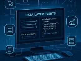 Moderner digitaler Arbeitsplatz mit Computerbildschirm, Datenflüssen, Code, Icons für Website-Interaktionen und technologischem Hintergrund, von Tobias Hager für 404 Magazine.