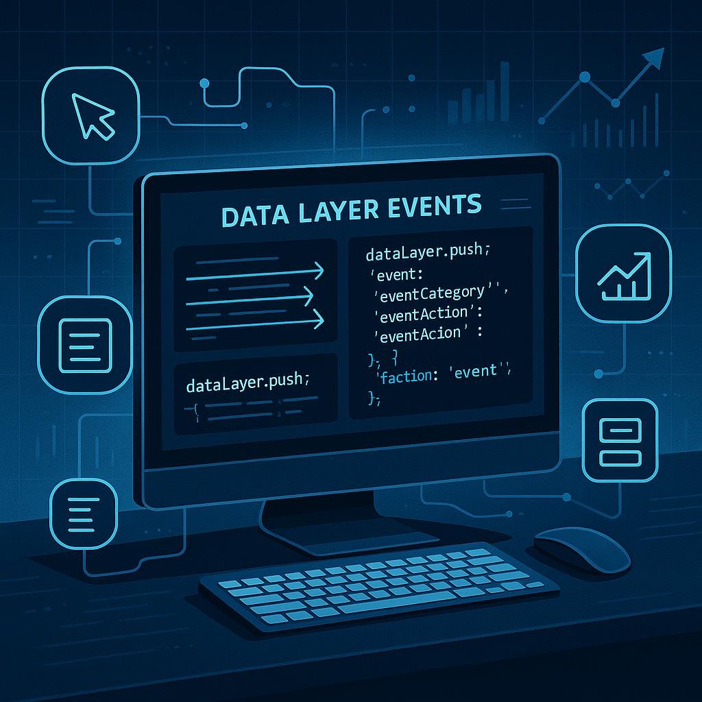 Moderner digitaler Arbeitsplatz mit Computerbildschirm, Datenflüssen, Code, Icons für Website-Interaktionen und technologischem Hintergrund, von Tobias Hager für 404 Magazine.