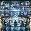 Ein modernes, elegantes Arbeitsumfeld mit digitalen Dashboards, holographischen Overlays und einem vielfältigen Team, das an fortschrittlichen Automatisierungstools für Social Media arbeitet.