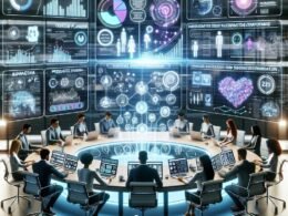 Ein modernes, elegantes Arbeitsumfeld mit digitalen Dashboards, holographischen Overlays und einem vielfältigen Team, das an fortschrittlichen Automatisierungstools für Social Media arbeitet.