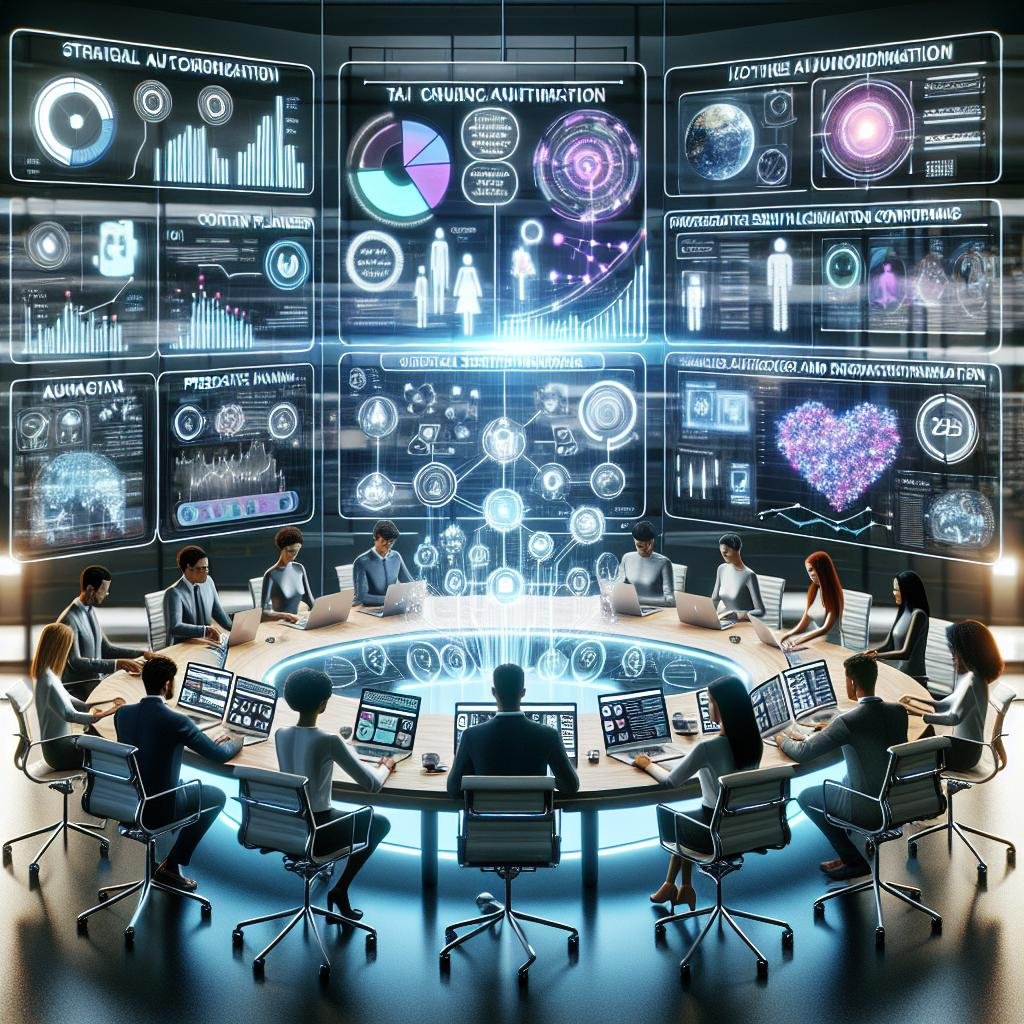 Ein modernes, elegantes Arbeitsumfeld mit digitalen Dashboards, holographischen Overlays und einem vielfältigen Team, das an fortschrittlichen Automatisierungstools für Social Media arbeitet.