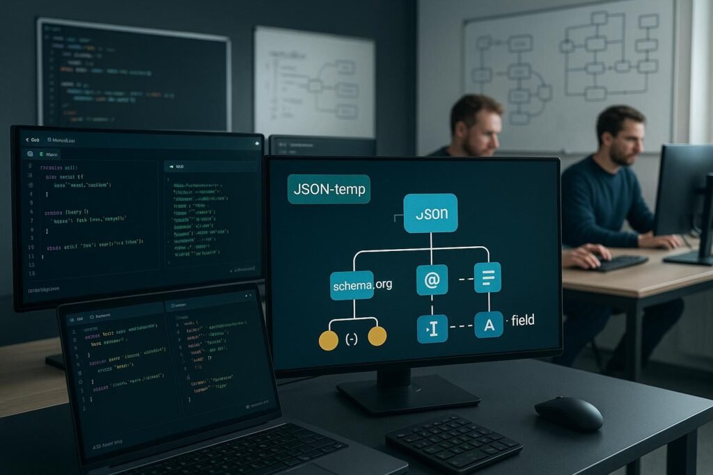 Moderne Arbeitsumgebung mit Monitoren, Code, JSON-Template-Grafik und Entwickler im Hintergrund, die an Tasten arbeiten