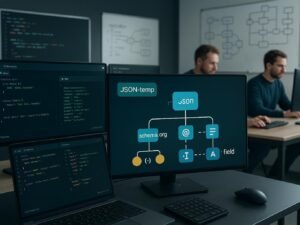 Moderne Arbeitsumgebung mit Monitoren, Code, JSON-Template-Grafik und Entwickler im Hintergrund, die an Tasten arbeiten
