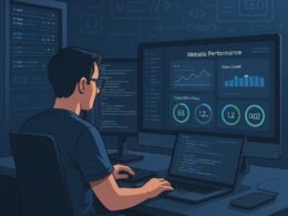 Moderner Arbeitsplatz eines Entwicklers mit High-Performance-Computer, Serverrack und großen Bildschirm mit Website-Performance-Metriken, digitale Motive für SEO-Optimierung im Hintergrund.