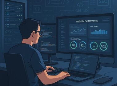 Moderner Arbeitsplatz eines Entwicklers mit High-Performance-Computer, Serverrack und großen Bildschirm mit Website-Performance-Metriken, digitale Motive für SEO-Optimierung im Hintergrund.