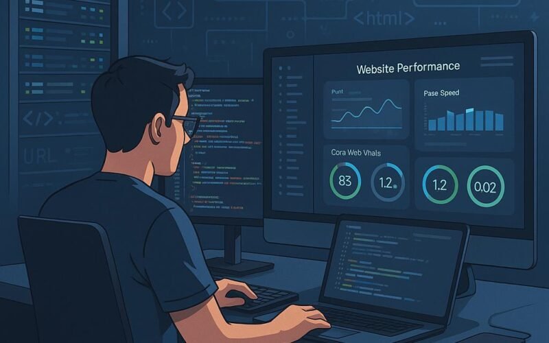 Moderner Arbeitsplatz eines Entwicklers mit High-Performance-Computer, Serverrack und großen Bildschirm mit Website-Performance-Metriken, digitale Motive für SEO-Optimierung im Hintergrund.