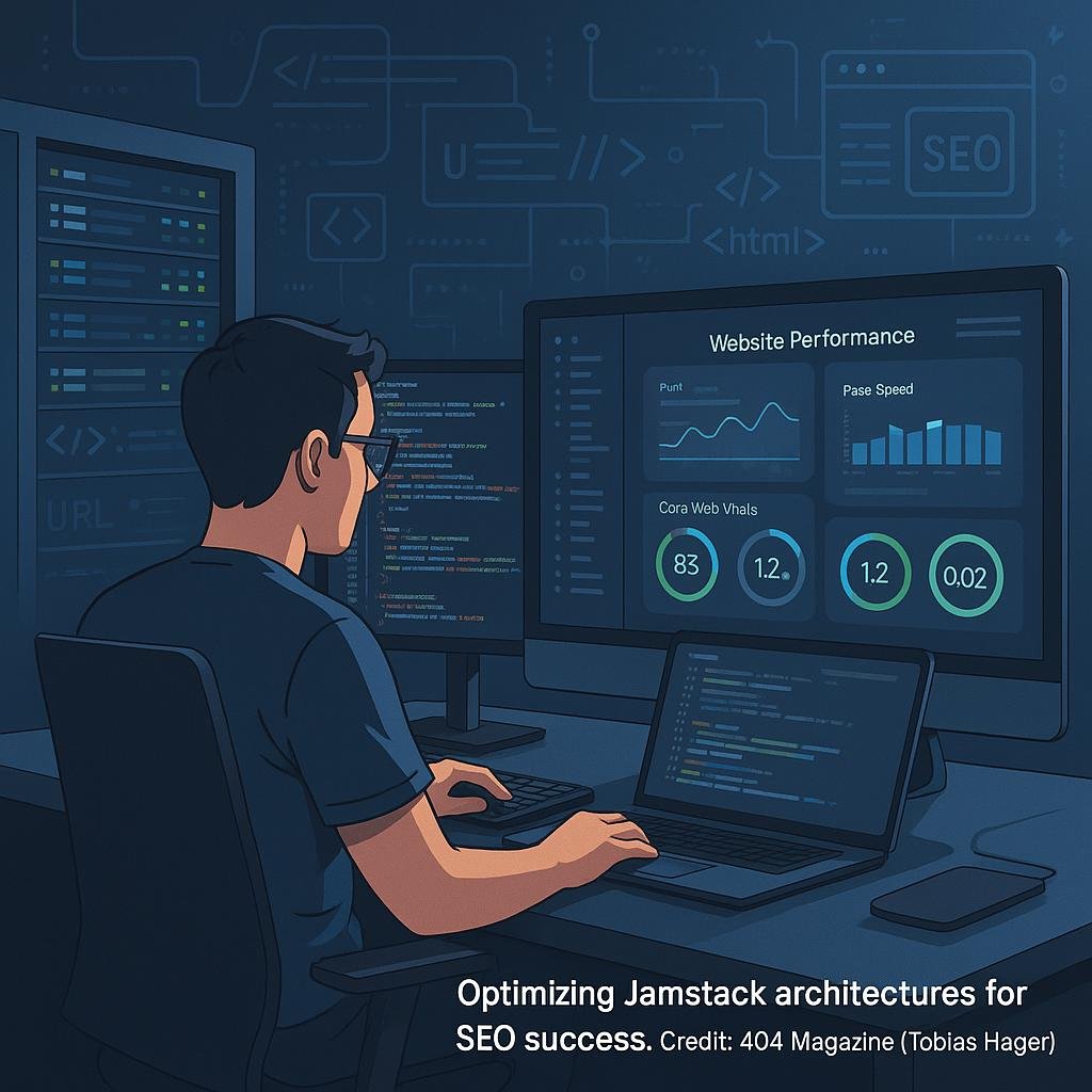 Moderner Arbeitsplatz eines Entwicklers mit High-Performance-Computer, Serverrack und großen Bildschirm mit Website-Performance-Metriken, digitale Motive für SEO-Optimierung im Hintergrund.