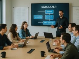 Workshop in einem professionellen Konferenzraum mit digitalen Datenarchitektur-Diagrammen, Whiteboards und engagierten Teilnehmern, die Notizen machen und diskutieren.