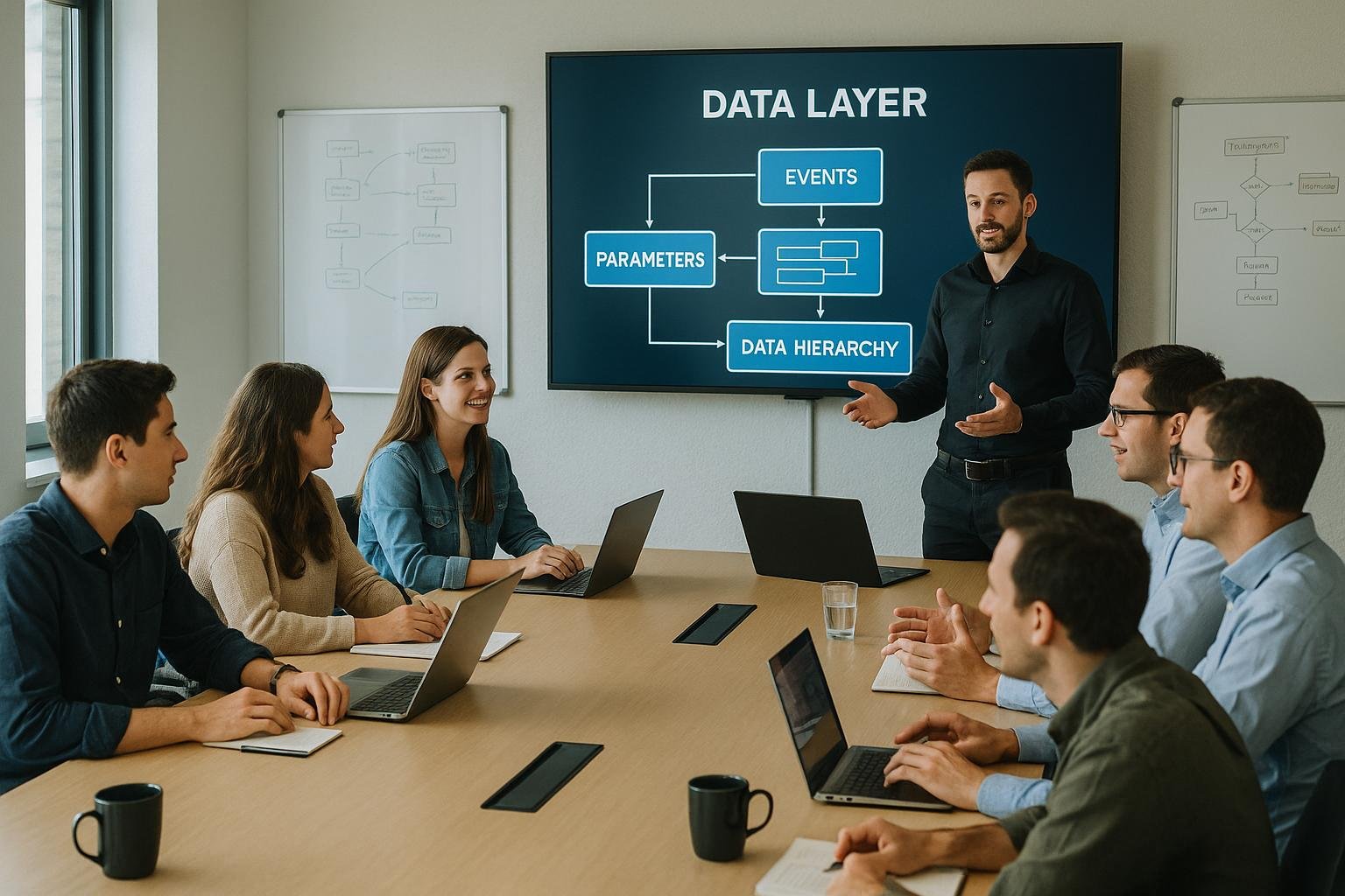 Workshop in einem professionellen Konferenzraum mit digitalen Datenarchitektur-Diagrammen, Whiteboards und engagierten Teilnehmern, die Notizen machen und diskutieren.