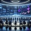 Futuristischer Marketing-Überwachungsraum mit großen transparenten Bildschirmen, Datenvisualisierungen und Servern im Hintergrund, beleuchtet in Blau und Violett