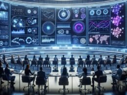 Futuristischer Marketing-Überwachungsraum mit großen transparenten Bildschirmen, Datenvisualisierungen und Servern im Hintergrund, beleuchtet in Blau und Violett