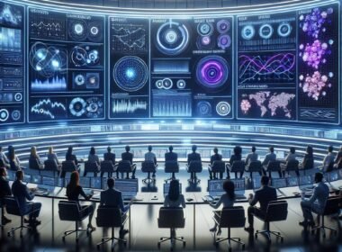 Futuristischer Marketing-Überwachungsraum mit großen transparenten Bildschirmen, Datenvisualisierungen und Servern im Hintergrund, beleuchtet in Blau und Violett