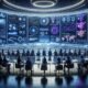 Futuristischer Marketing-Überwachungsraum mit großen transparenten Bildschirmen, Datenvisualisierungen und Servern im Hintergrund, beleuchtet in Blau und Violett