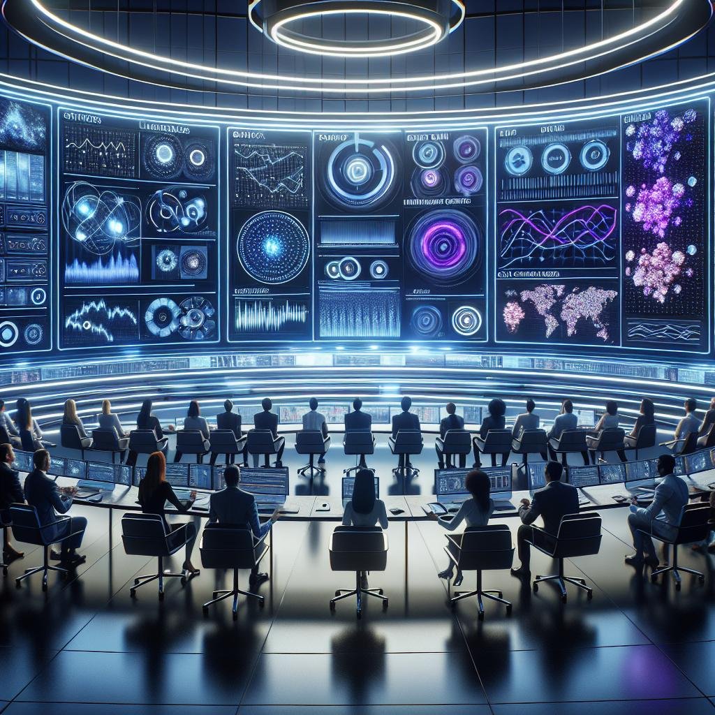 Futuristischer Marketing-Überwachungsraum mit großen transparenten Bildschirmen, Datenvisualisierungen und Servern im Hintergrund, beleuchtet in Blau und Violett