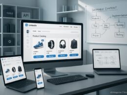 Modernes Büro mit großem Bildschirm, der einen LinkedIn-Produktkatalog mit dynamischen Tags und CTA-Buttons zeigt, flankiert von Laptop, Smartphone und Tablet, im Hintergrund Regale mit Tech-Tools, APIs und Plugins, sowie Whiteboard mit Strategien für Shoppable Content. Credit: 404 Magazine (Tobias Hager).