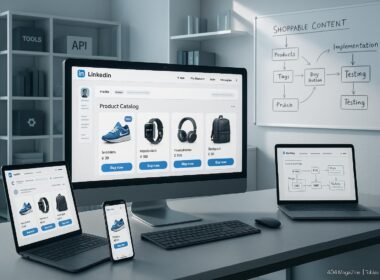 Modernes Büro mit großem Bildschirm, der einen LinkedIn-Produktkatalog mit dynamischen Tags und CTA-Buttons zeigt, flankiert von Laptop, Smartphone und Tablet, im Hintergrund Regale mit Tech-Tools, APIs und Plugins, sowie Whiteboard mit Strategien für Shoppable Content. Credit: 404 Magazine (Tobias Hager).