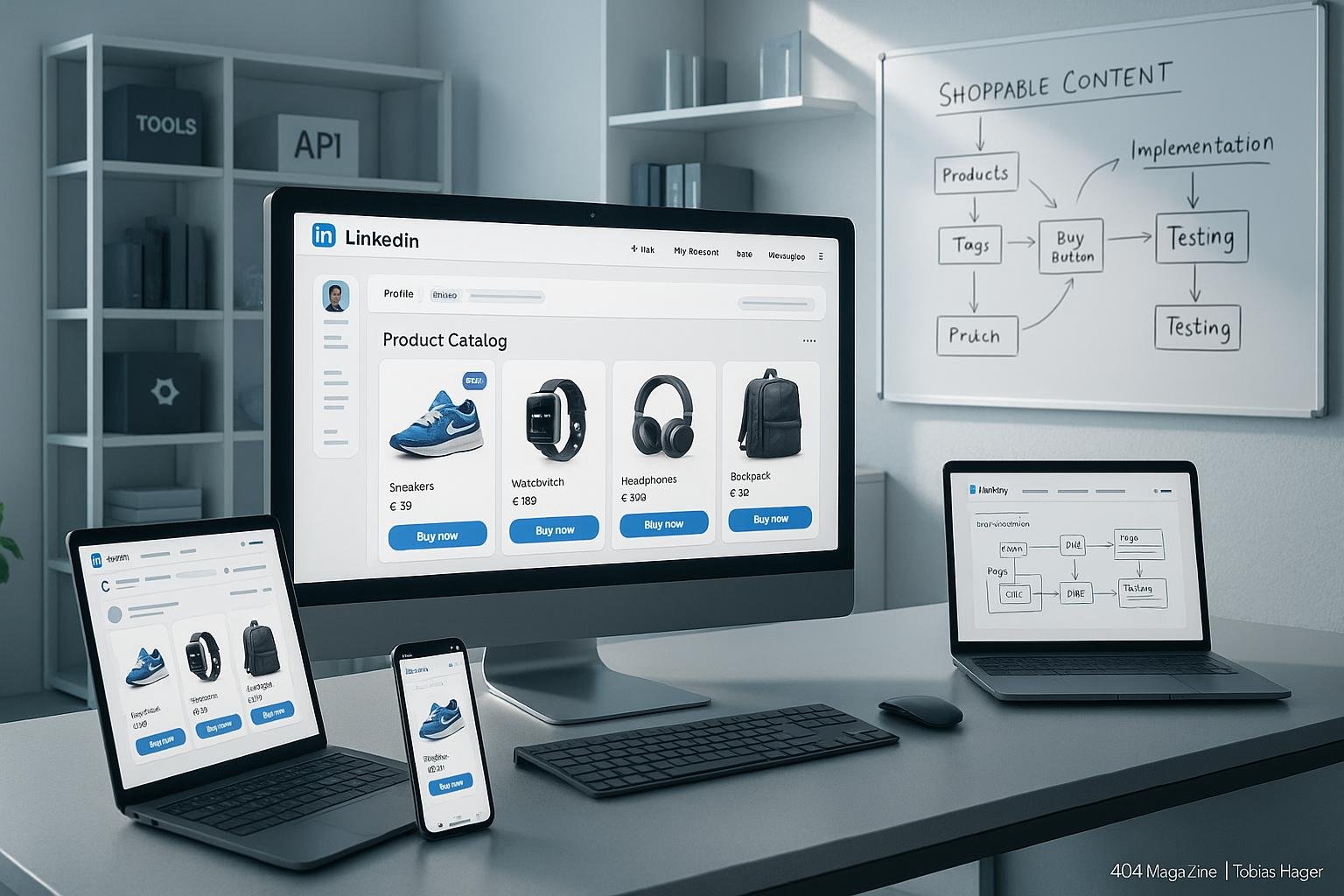 Modernes Büro mit großem Bildschirm, der einen LinkedIn-Produktkatalog mit dynamischen Tags und CTA-Buttons zeigt, flankiert von Laptop, Smartphone und Tablet, im Hintergrund Regale mit Tech-Tools, APIs und Plugins, sowie Whiteboard mit Strategien für Shoppable Content. Credit: 404 Magazine (Tobias Hager).