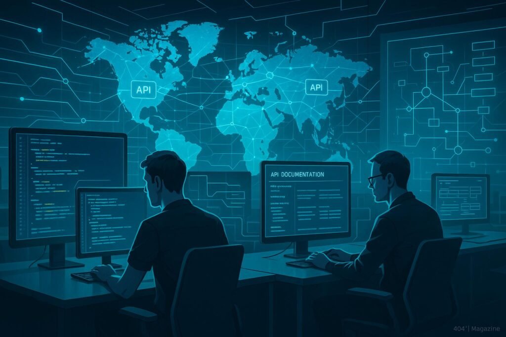 Futuristischer Arbeitsraum mit großen Bildschirmen, Code-Daten und digitaler Weltkarte, die Netzwerkverbindungen zeigt