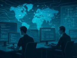 Futuristischer Arbeitsraum mit großen Bildschirmen, Code-Daten und digitaler Weltkarte, die Netzwerkverbindungen zeigt